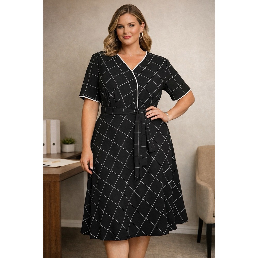Black Grid Print Wrap Dress Women's Size 16 Belted Business Casual Midi